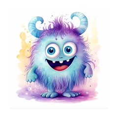 Fototapeta premium Watercolor cute round cartoon monster character with horns