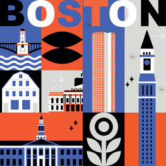 city4Typography word Boston branding technology concept. Collection of flat vector web icons. American culture travel set, architectures, specialties detailed silhouette. Doodle famous landmarks.