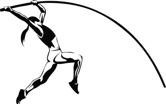 Cartoon Black and White Isolated Illustration Vector Of A Woman Doing a Pole Vault