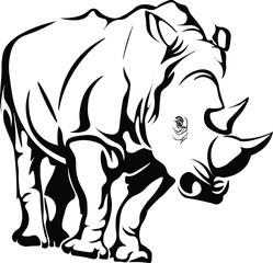 Cartoon Black and White Isolated Illustration Vector Of A Rhino with Horns