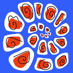 A simple Ammonite style fossil design on a blue background. A simple modern design. A big and bold black and white design with a pop of colour. Spiral organic illustration.