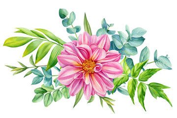 Floral bouquet design. Watercolor pink flower Dahlia, eucalyptus, greenery branch leaves. Wedding invitation card 