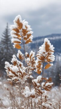 Beautiful autumn plant in the snow. AI generated