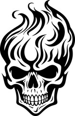 Burning skull head silhouette icon in black color. Vector template for tattoo or laser cutting.