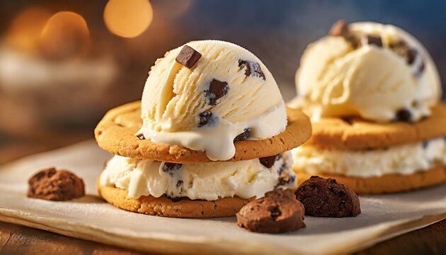 Ice cream sandwiches with chocolate chip cookies 