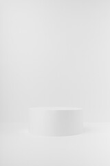 Abstract white stage with one round podium mockup. Template for presentation cosmetic products, goods, advertising, design, sale, text, display, showing in cold winter style.