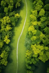 Aerial view of a pathway winding through green springtime meadows and forest, Generative AI