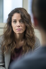 Fototapeta premium Woman domestic abuse survivor and psychologist at psychotherapy session. Psychology and mental health concept. Generative AI 