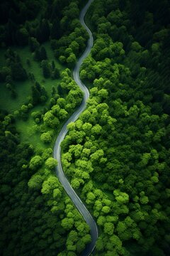 Aerial view of asphalt road winding through green springtime forest, Generative AI