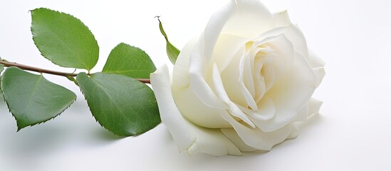 Amidst an isolated patch of nature the beauty of a white rose on a white background showcased the floral gift given with love for a wedding birthday or any special occasion creating a stunn