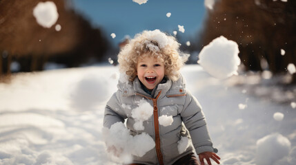 Fototapeta na wymiar little cheerful european curly child playing snowballs on the street in winter, emotional face, boy, girl, portrait, new year, christmas, kid, toddler, frost, park, walk, holidays