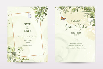 Set of invitation template cards with botanical on watercolor stains