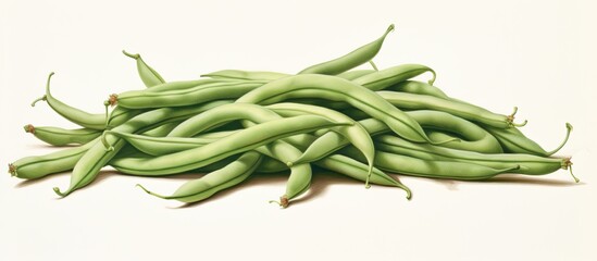 In French agriculture the vibrant green bean is celebrated not only as a nutritious veggie but also as a muse for watercolor illustrations capturing its texture and vibrant hue against a whi - obrazy, fototapety, plakaty