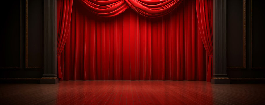 Red curtain in front of the stage. Greeting card created by generative AI.
