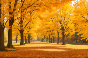 A vibrant autumn scene with few golden leaves