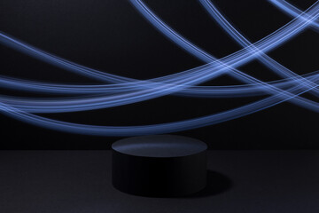 Abstract black scene with two cylinder podiums template with glowing neon blue light trails as...