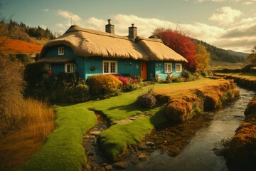 Cottagecore styled house with thatched roof and nearby creek. Generative Ai.