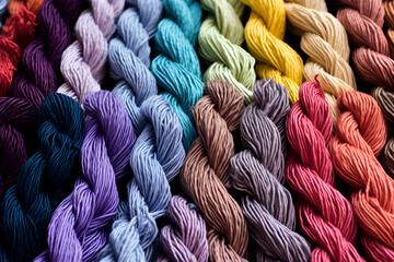 Multi-colored threads for embroidery, knitting, handmade threads, plaits of threads, bright background