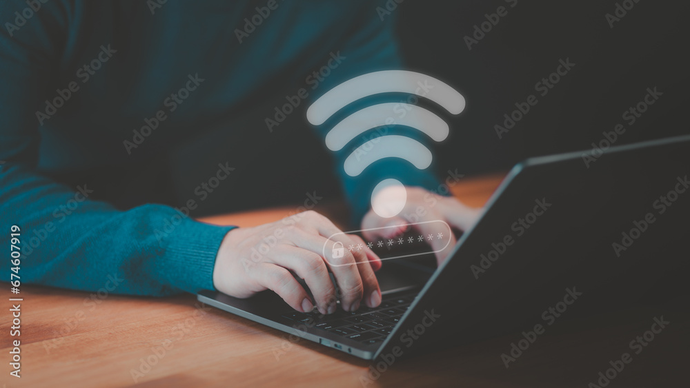 Leinwandbilder User use a computer laptop to connect to wifi in hotel, but wifi password is incorrect. Working and waiting to loading digital data form website, concept technology of waiting for connect to Wi-Fi.