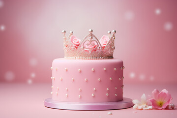 Princess themed birthday party: pink decorated cake with a beautiful crown on a pastel pink background
