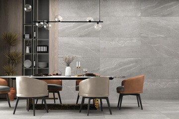 Pleasing dining area with floor and wall decor made of grey marble. There is a rack for kitchen utensils next to the opulent table, which also has candles, a plant as décor and chandelier above it.