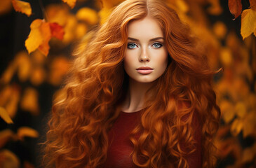 Fototapeta premium Portrait of a young beautiful woman with long red hair symbolizing autumn season
