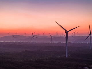 wind turbines at sunset，