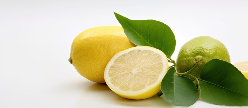 In a white studio background an isolated green leaf rests beside a sweet slice of yellow pomelo a citrus fruit commonly enjoyed in Chinese cuisine