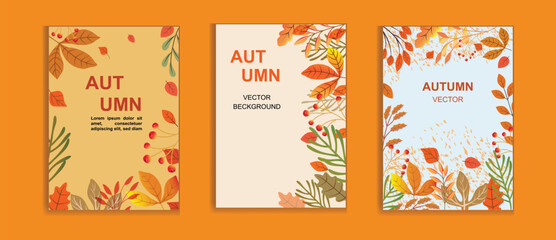 Fototapeta na wymiar Set of trendy minimal autumn posters or covers with bright beautiful leaves and modern typography, sale banner, and flyer design.