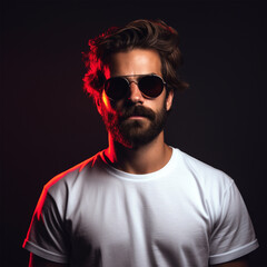 Obraz premium Neon light studio close-up portrait of serious man model with mustaches and beard in sunglasses and white t-shirt, ai technology