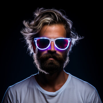 Neon light studio close-up portrait of serious man model with mustaches and beard in sunglasses and white t-shirt, ai technology