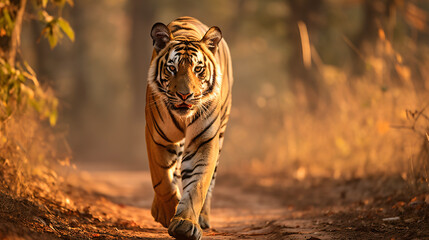 A tigress roaming in Plench National Park on a safari - obrazy, fototapety, plakaty