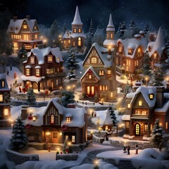Fototapeta na wymiar Christmas village with houses in the snow at night. Digital painting.