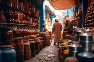 Fotobehang A man walks through the narrow streets of Marrakech, Morocco. © Iman