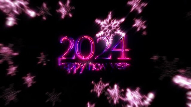 2024 Happy new year glow pink text with falling glow pink neon snowflake and flare light burst cinematic title background. Happy New Year 2024 shining text on pastel winter light.festive background co