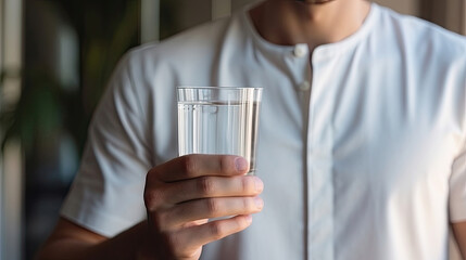 A young man in a white T-shirt drinks clean water in a clear glass cup close-up. health concept