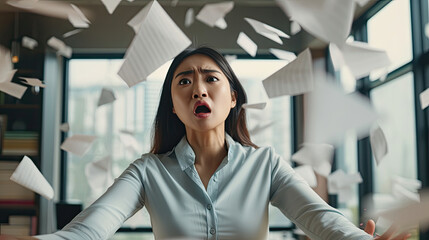 Asian businesswoman angry throwing papers over herself in office when job fails, unsuccessful project, work hard and Overworked and stressed Concept - obrazy, fototapety, plakaty