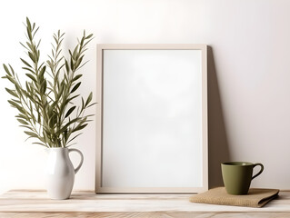 Cup of coffee, books and empty picture frame mockup on wooden desk, table. Vase with olive branches. Generative AI