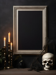 Dark gothic vertical frame mockup with book and skull. Generative AI