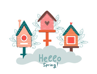 Spring birdhouse. Hello Spring  mood  banner greeting card. Vector cartoon flat illustration.