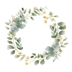 Fototapeta premium Eucalyptus wreath with golden elements. Floral frame. Watercolor illustration isolated on white. Greenery clipart for wedding invitation, greeting cards, decoration, stationery design. Generative AI