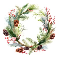 Watercolor Christmas Mistle Toe wreath. Hand drawn botanical winter plants. Generative AI