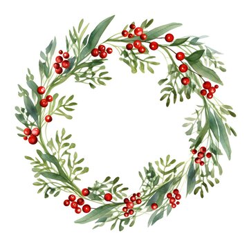 Watercolor Christmas Mistle Toe wreath. Hand drawn botanical winter plants. Generative AI