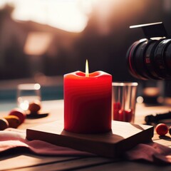 burning red candle on a wooden table background for social media proects 