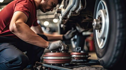 Auto mechanic repairman using a socket wrench working auto suspension repair in the garage, changing spare parts, checking the mileage of the car, checking and maintaining service concept.