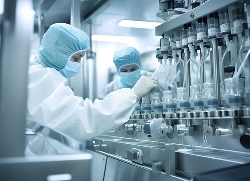 Pharmaceutical industry workers in uniform work on production line machine conveyor at the medical factory, medicines are filling in bottle, biotechnology Generative AI