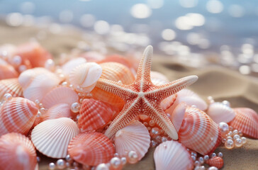Fototapeta na wymiar Creative large starfish on the beach among shells and peals in light red and light pink sandy colors. Summer vacation sea holiday background.
