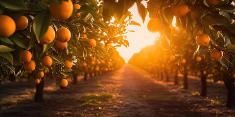 Vibrant orange orchard. Ripe fruit trees in bountiful nature. Sunny citrus plantation. Fresh oranges in natural agriculture. Healthy harvest. Ripe juicy on lush green tree