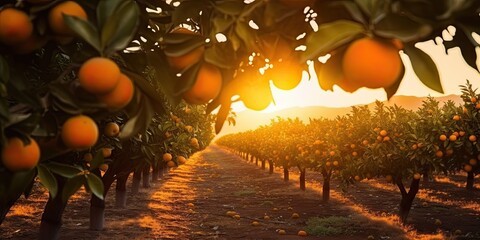 Vibrant orange orchard. Ripe fruit trees in bountiful nature. Sunny citrus plantation. Fresh oranges in natural agriculture. Healthy harvest. Ripe juicy on lush green tree - obrazy, fototapety, plakaty