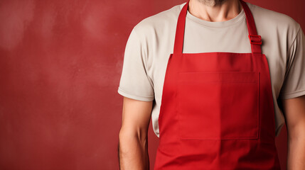 A man in a kitchen apron. Chef work in the cuisine. Cook in uniform, protection apparel. Job in food service. Professional culinary. Green fabric apron, casual stylish clothing. Baker. Generated AI